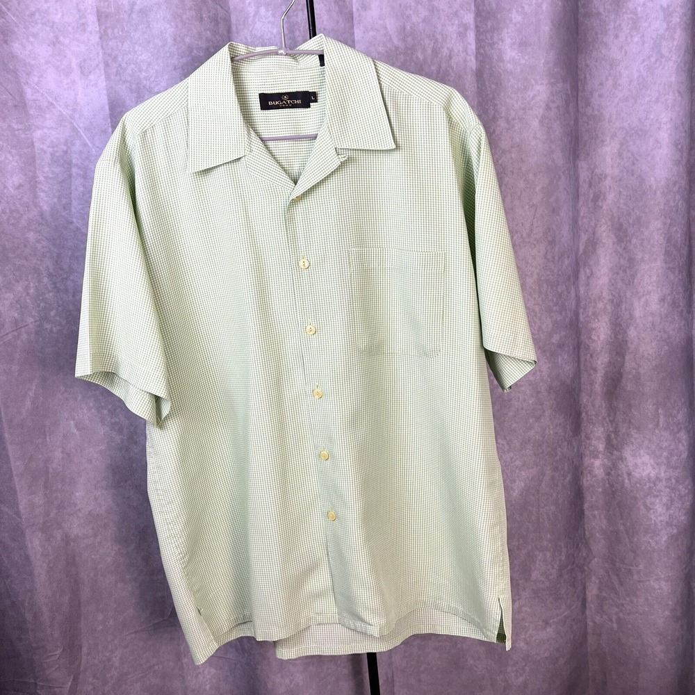 Bugatchi Uomo Men's Large Shirt Button Short Sleeve Green Checks Modal/Poly